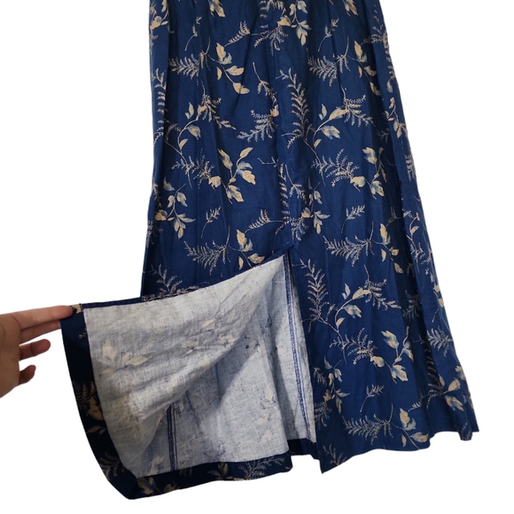 Vintage blue Linen plant print long skirt - Picture 5 of 9